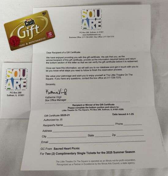 Little Theatre Tickets & Gas Card donated by The Little Theatre in Sullivan and Anita McKerrow