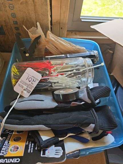 Gloves, zip ties, square, and misc