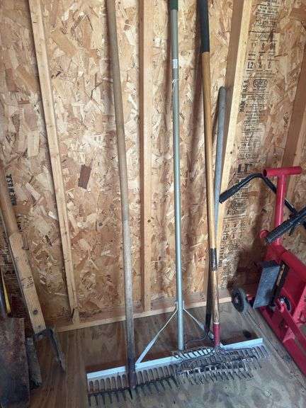 Assortment of Rakes, aluminum, and wood
