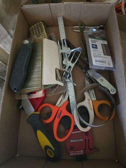 Scissors, filter wrench, nails, and misc