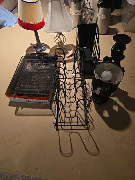 Magazine rack, office trays, lamps and misc