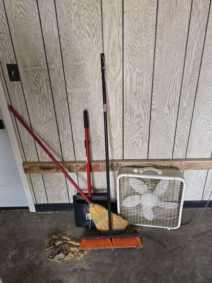 Brooms, dustpan, box fan