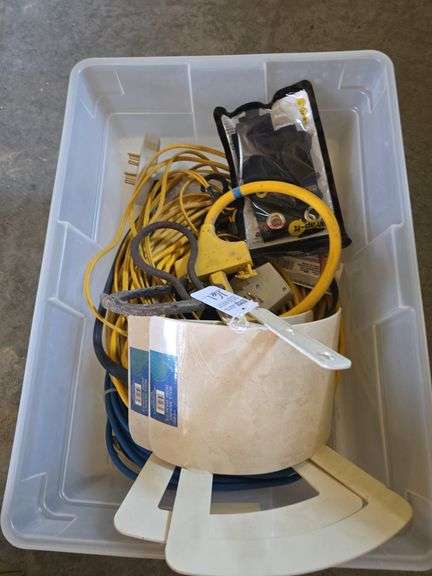 Two Wall Mount Hose Hangers, Extension Cords, and Misc