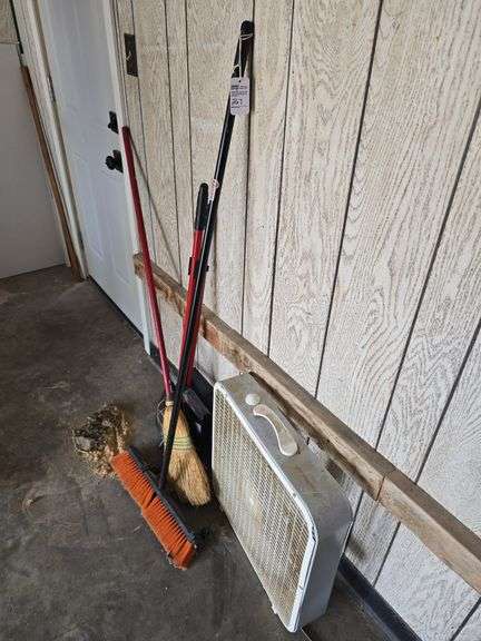Brooms, dustpan, box fan