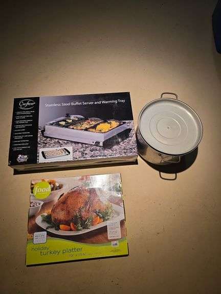 Holiday turkey platter, buffet server and warming tray, cold packer