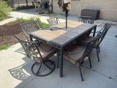 Outdoor Patio/Furniture set, 6 Chairs, with Roll Up Umbrella