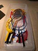 badminton, tennis rackets and misc