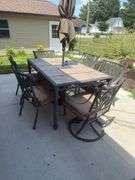 Outdoor Patio/Furniture set, 6 Chairs, with Roll Up Umbrella