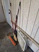 Brooms, dustpan, box fan