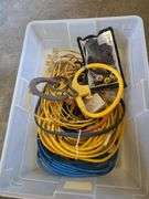 Two Wall Mount Hose Hangers, Extension Cords, and Misc