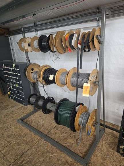 Wire rack with assortment of wire and heat shrink, 70"T x 60"W