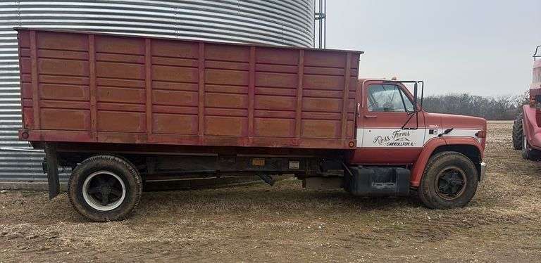 1989 GMC 7000 Grain Truck, 5x2 speed, 138,650 miles, 366 gas, Single Axle, wood floor, 16ft bed, VIN- 1GDL7DI1B6KV566370. It starts and runs with a new fuel filter but the gas tank needs pumped out and cleaned.  It loses power and does not pull itself.