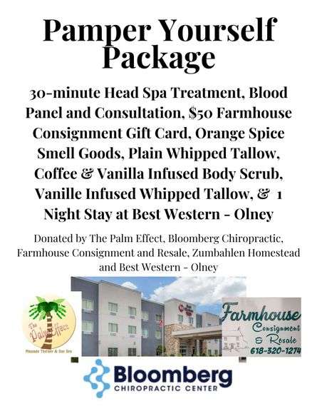 Pamper Yourself Day - 30 Minute Japanese Head Spa Treatment at The Palm Effect, Bloomberg Blood Panel and Consultation at Bloomberg Chiropractic, $50 Farmhouse Consignment Gift Cert, Orange Spice Smell Goods, Plain Whipped Tallow, Coffee & Vanilla Infused Body Scrub, Vanilla Infused Whipped Tallow 1-Night Stay at Best Western Plus Olney- Donated by The Palm Effect, Bloomberg Chiropractic, Farmhouse Consignment & Resale, Zumbahlen Homestead and Olney Best Western Plus (Valued at $655)