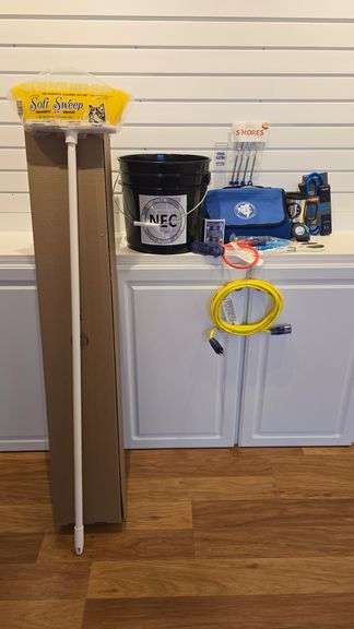Bucket, Mini Portable Surge Protector, 3 Way Extension Cord, 14G Extension Cord, 4 NEC Roasting Sticks, Fleece Blanket, Tape Measure, NEC Travel Mug, NEC Screwdriver Pen, NEC Ice Cream Scoop, Buggins Insect Repellent, Energy Saving Playing Cards, NEC Rain Guage, NEC Kitchen Shears, & 12 Soft Sweep Brooms - Donated by Norris Electric Cooperative & Newton Broom Co (Valued at $315)