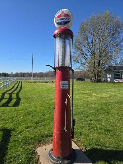 Antique Standard Oil Red Crown 10-gal model, gas pump approx 9'6"t with glass globe, buyer must unbolt and remove themselves.
