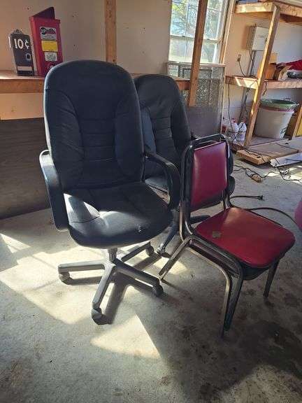 2 office chairs, wood folding table and 2 restaurant chairs.