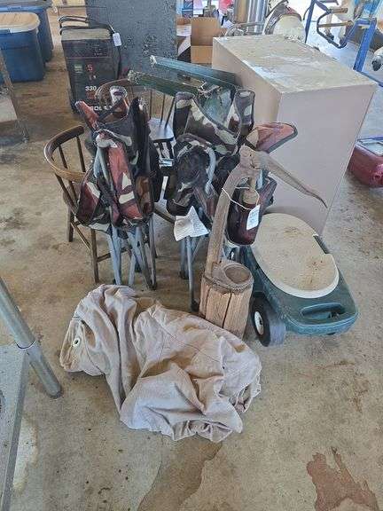 Vintage bottle capper, lawn chairs, file cabinet and misc.