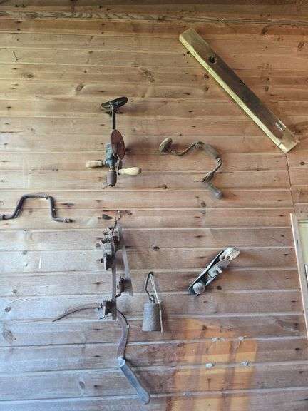 Wood plain, shoulder press drill, brace and bit, weight and misc.