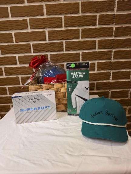 Golf Basket includes : $50 Dan Hecht Gift Certificate Donated by: Dan Hecht. 4 18-hole rounds of golf with cart at Indian Springs Golf Course in Fillmore, golf glove, 12 golf balls, hats, tees, and koozies. Donated by Channing Bozarth and Indian Springs Golf Course.