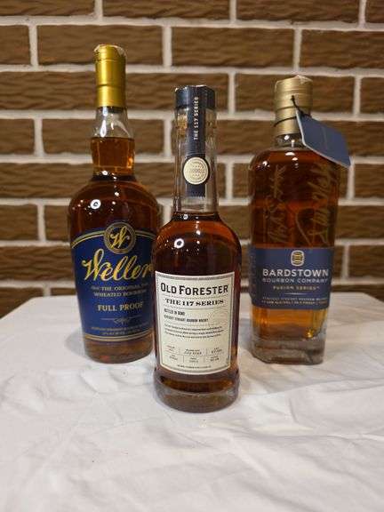 Bourbon Bundle Donated by: Jordan & Katie Haskenherm. 1 Bottle Bardstown Bourbon Company Signed by Master Distiller Steve Nally. 1 Bottle Weller Full Proof, Wheated Bourbon. 1 Bottle Old Forester Bourbon, Batch No. 001, One time release July 2023