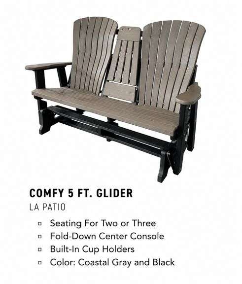 5 Ft. Glider. LaPatio Brand , Fold-down console, Seating for 2 or 3. Coastal Gray and Black. Built in cupholders. Donated by: Beck's Hybrids
