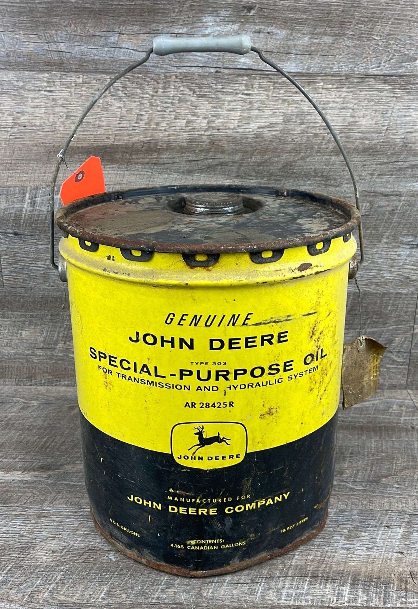 Vintage John Deere 5 gallon oil can - Schneider Auctioneers LLC