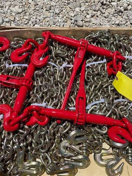 10 unused 3/8" 20' chains & 5 unused ratchet binders