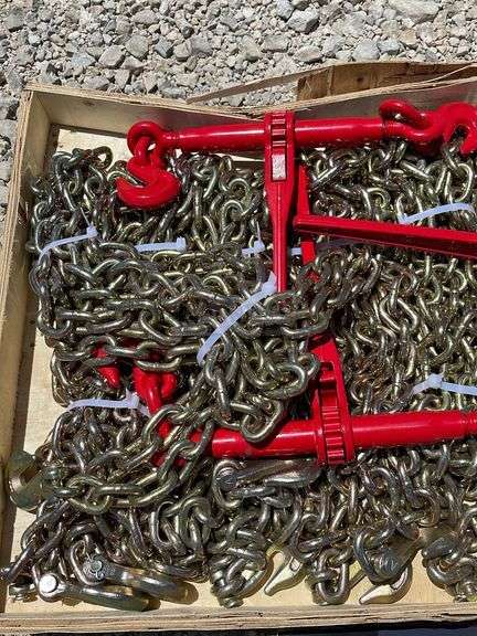 10 unused 3/8" 20' chains & 5 unused ratchet binders