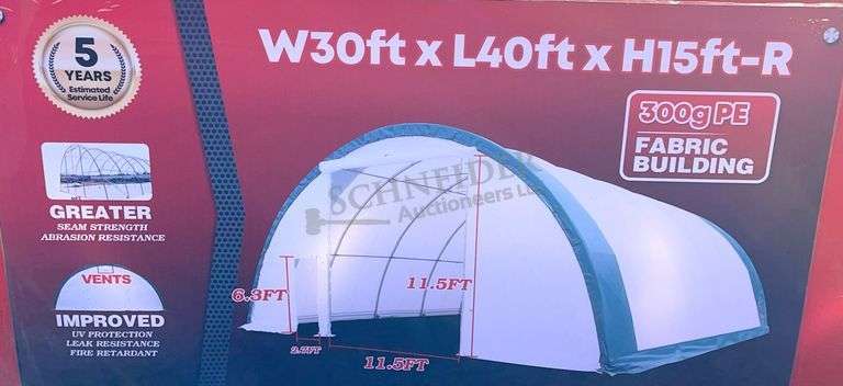 Unused 30'x40'x15' portable hoop shelter