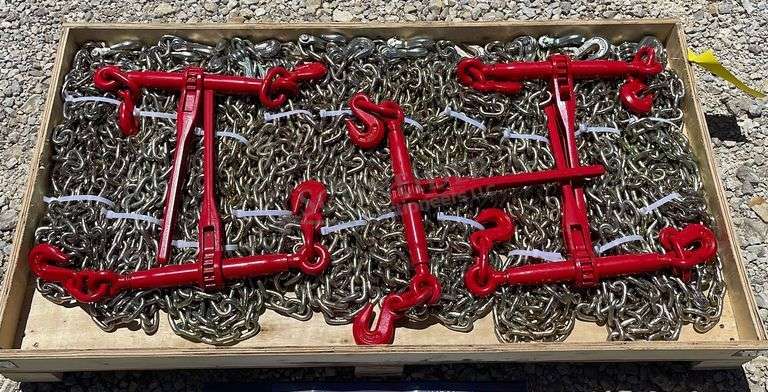 10 unused 5/16" 20' chains & 5 unused ratchet binders