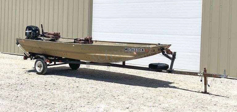 1989 Landau 16' aluminum jon boat w/ motor & trailer