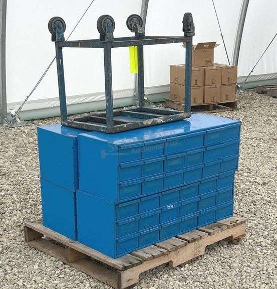 4- 34" wide steel bolt bins w/ hardware & small cart