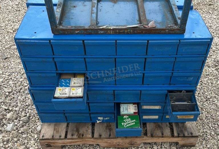 4- 34" wide steel bolt bins w/ hardware & small cart