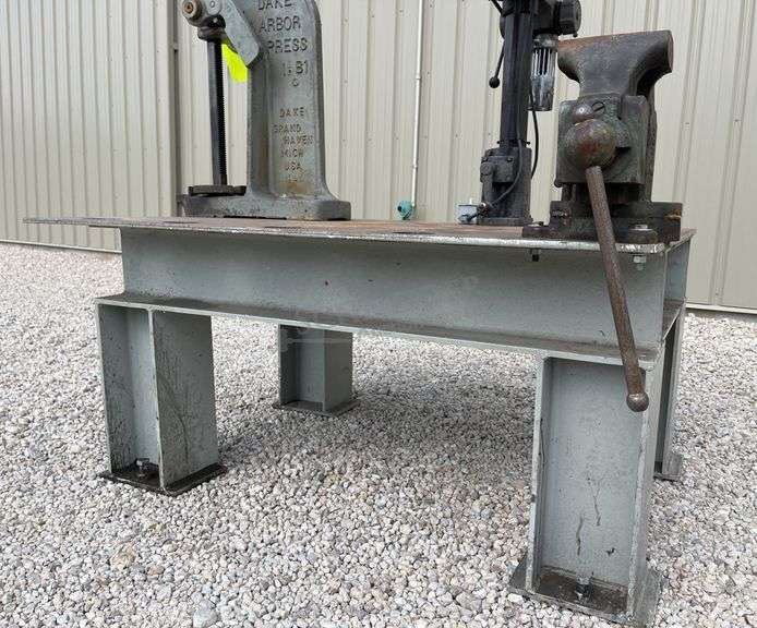4'x5' steel welding table w/ vise, drill press & arbor press