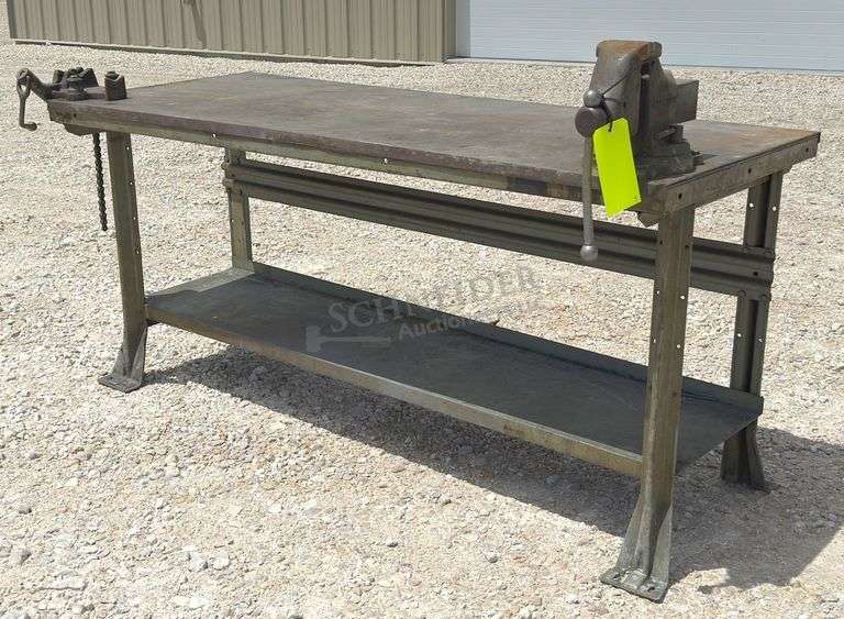 29"x6' steel work table w/ vise & pipe vise