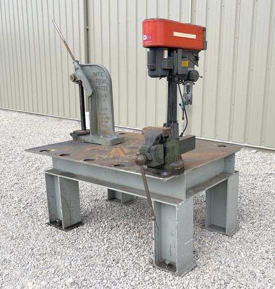 4'x5' steel welding table w/ vise, drill press & arbor press