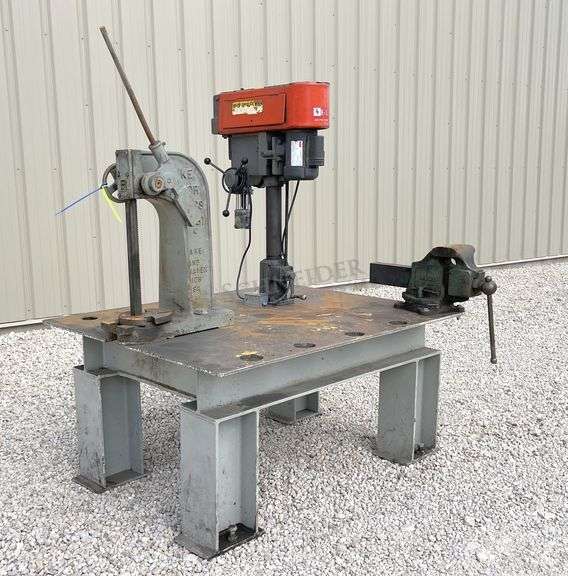4'x5' steel welding table w/ vise, drill press & arbor press