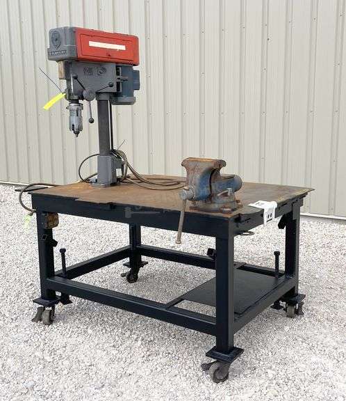 44"x62" welding table w/ vise & drill press