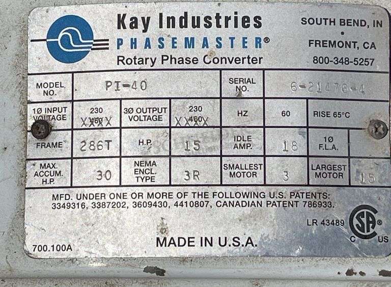 Kay Industries PI-40 15 hp electric motor w/ phase converter