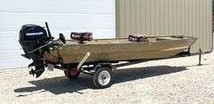 1989 Landau 16' aluminum jon boat w/ motor & trailer