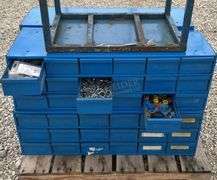 4- 34" wide steel bolt bins w/ hardware & small cart