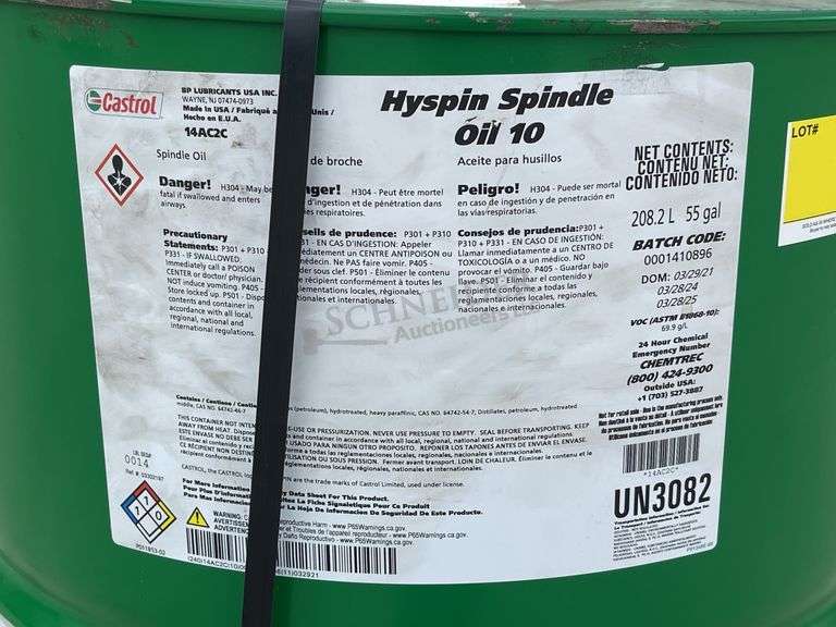 Unused 55 gallon drum of Castrol Hyspin spindle oil
