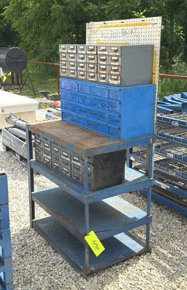 3'x2' steel work table w/ shelves & 2 organizer bins