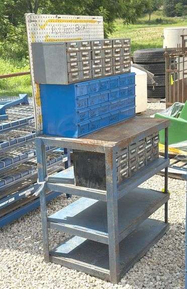 3'x2' steel work table w/ shelves & 2 organizer bins