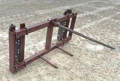 Pin on bale spear for loader w/ adjustable brackets