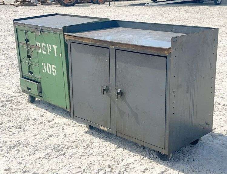 2 steel rolling work cabinets w/ worktop