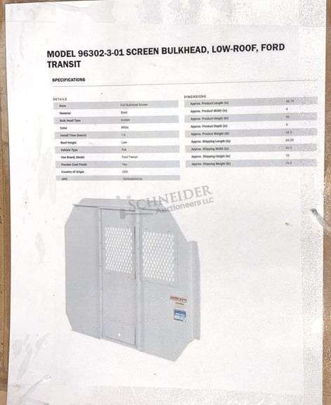 Unused Weather Guard bulkhead wall for cargo van