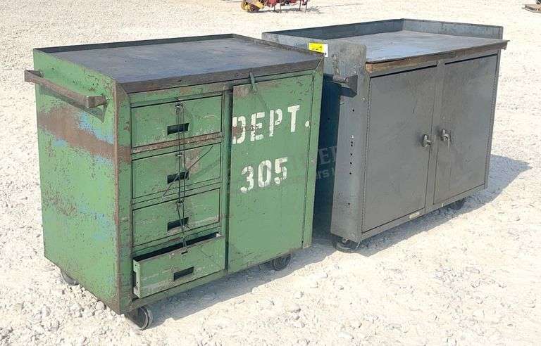 2 steel rolling work cabinets w/ worktop