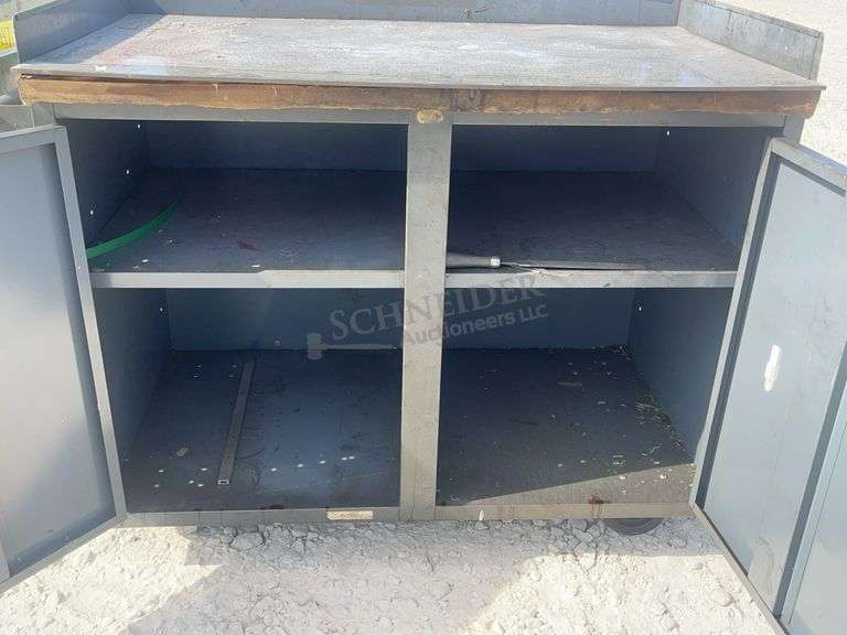 2 steel rolling work cabinets w/ worktop