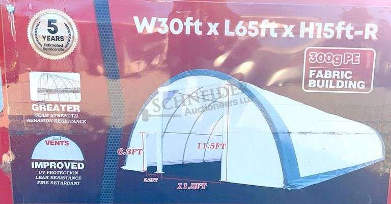 Unused 30'x65'x15' portable hoop building